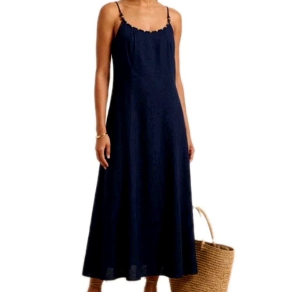 Calypso St. Barth Navy Scoop Neck Beaded Tailored Maxi Dress Size XS